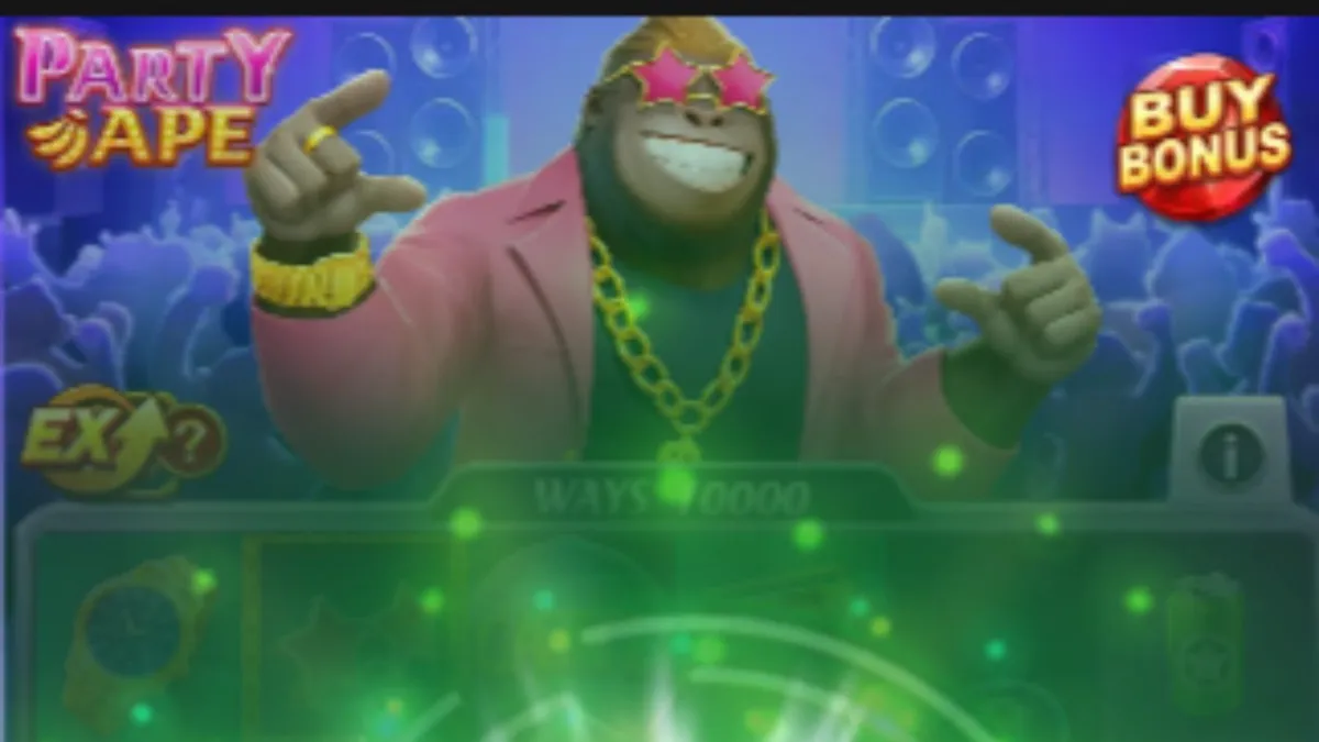 Tampilan visual slot Party Ape yang meriah dengan karakter primata dan elemen pesta neon.