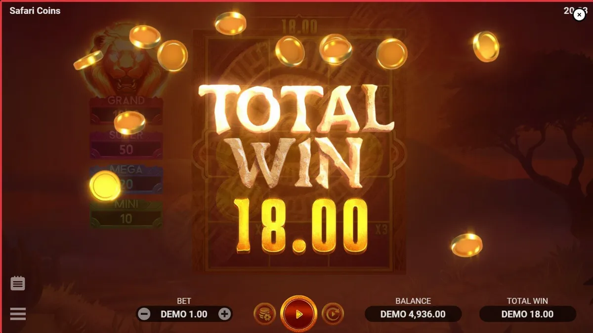 Pemandangan sabana Afrika yang dramatis dengan elemen slot Safari Coins