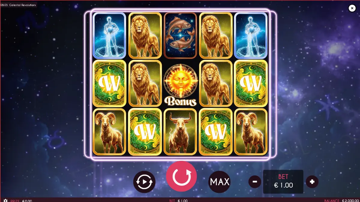 Tampilan visual slot Celestial Revolutions dengan tema zodiak dan kosmik