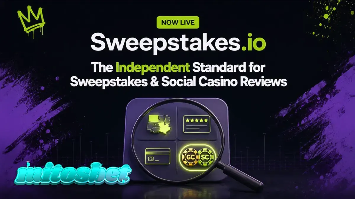 Tampilan antarmuka platform perbandingan kasino sosial Sweepstakes.io yang bersih dan informatif.